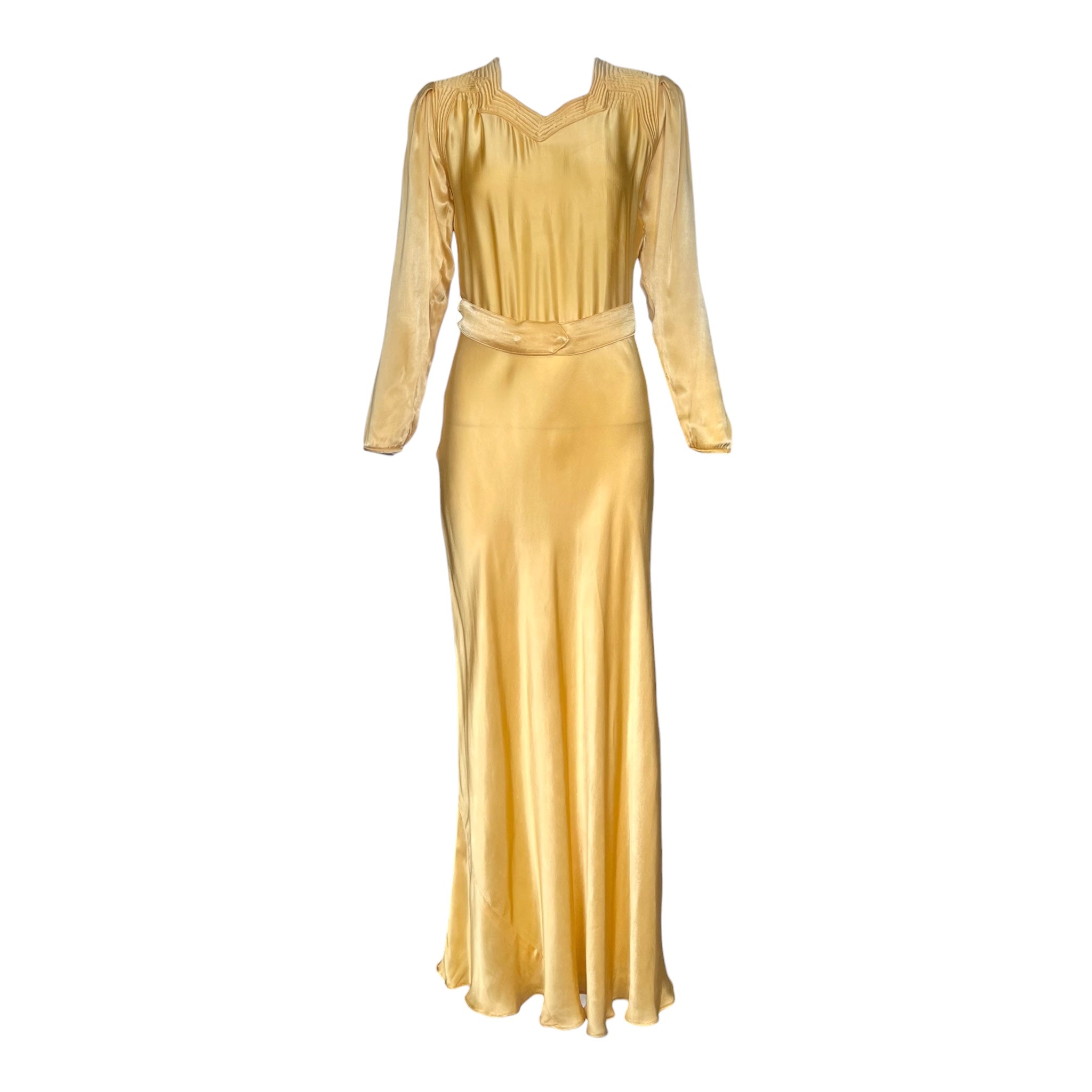 Late 1930's Golden Yellow Satin Belted Long Sleeve Dress