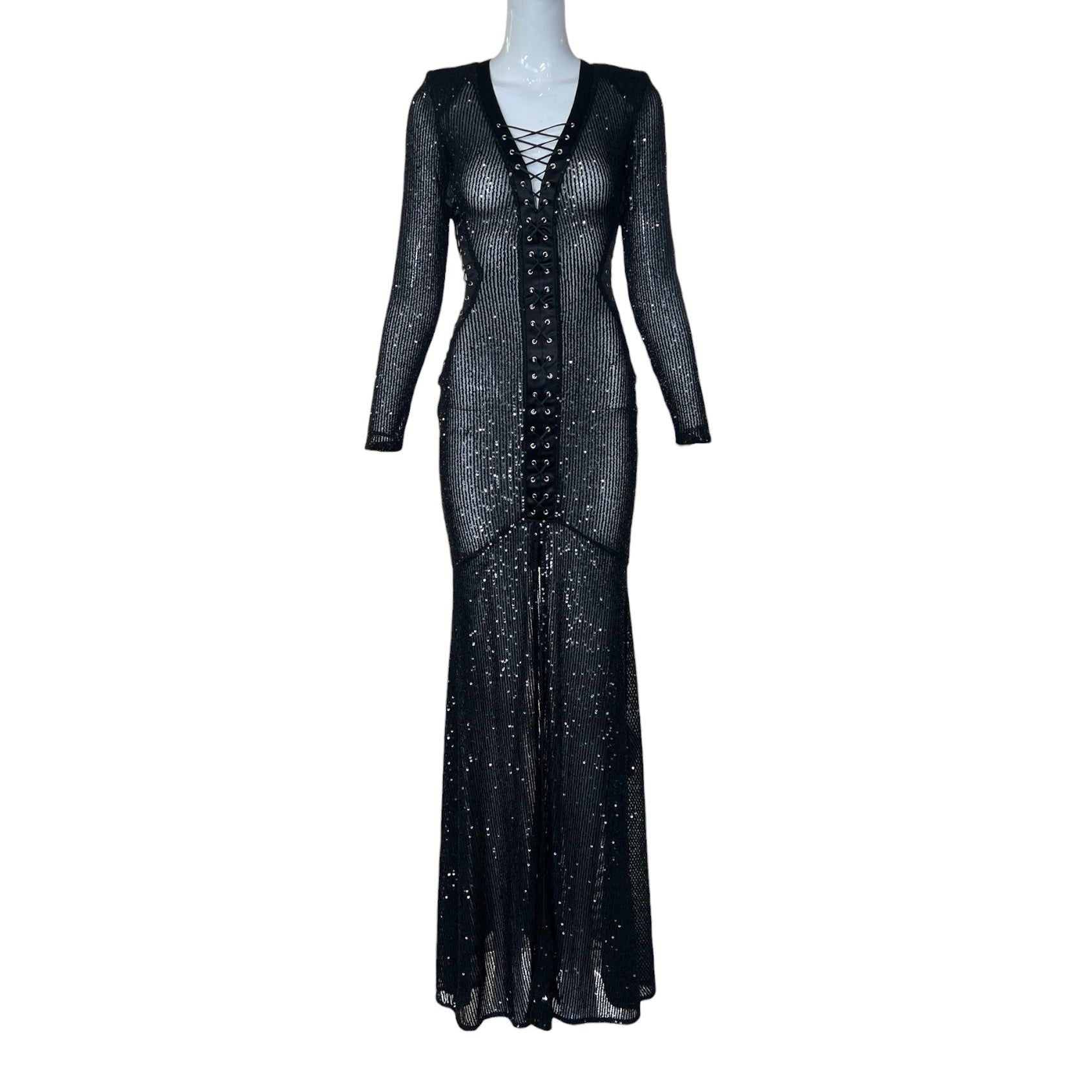 Elisabetta Franchi 2020s Black Semi-Sheer Lace-Up Sequin Gown THE WAY WE WORE Elisabetta Franchi 2020s Black Semi-Sheer Lace-Up Sequin Gown THE WAY WE WORE