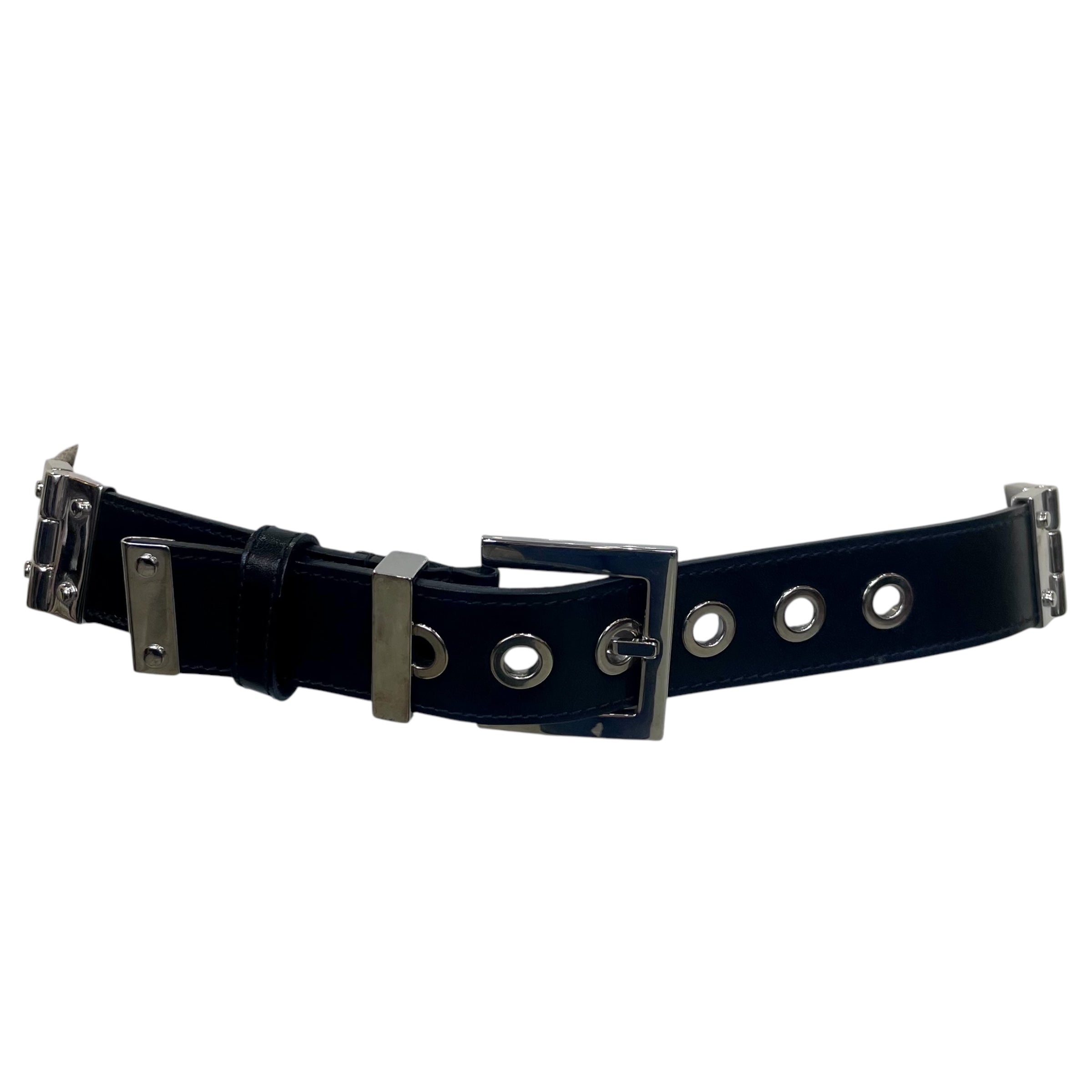 Dolce & Gabanna 2000's Blue Leather and Woven Canvas Silver Buckle Belt FRONT