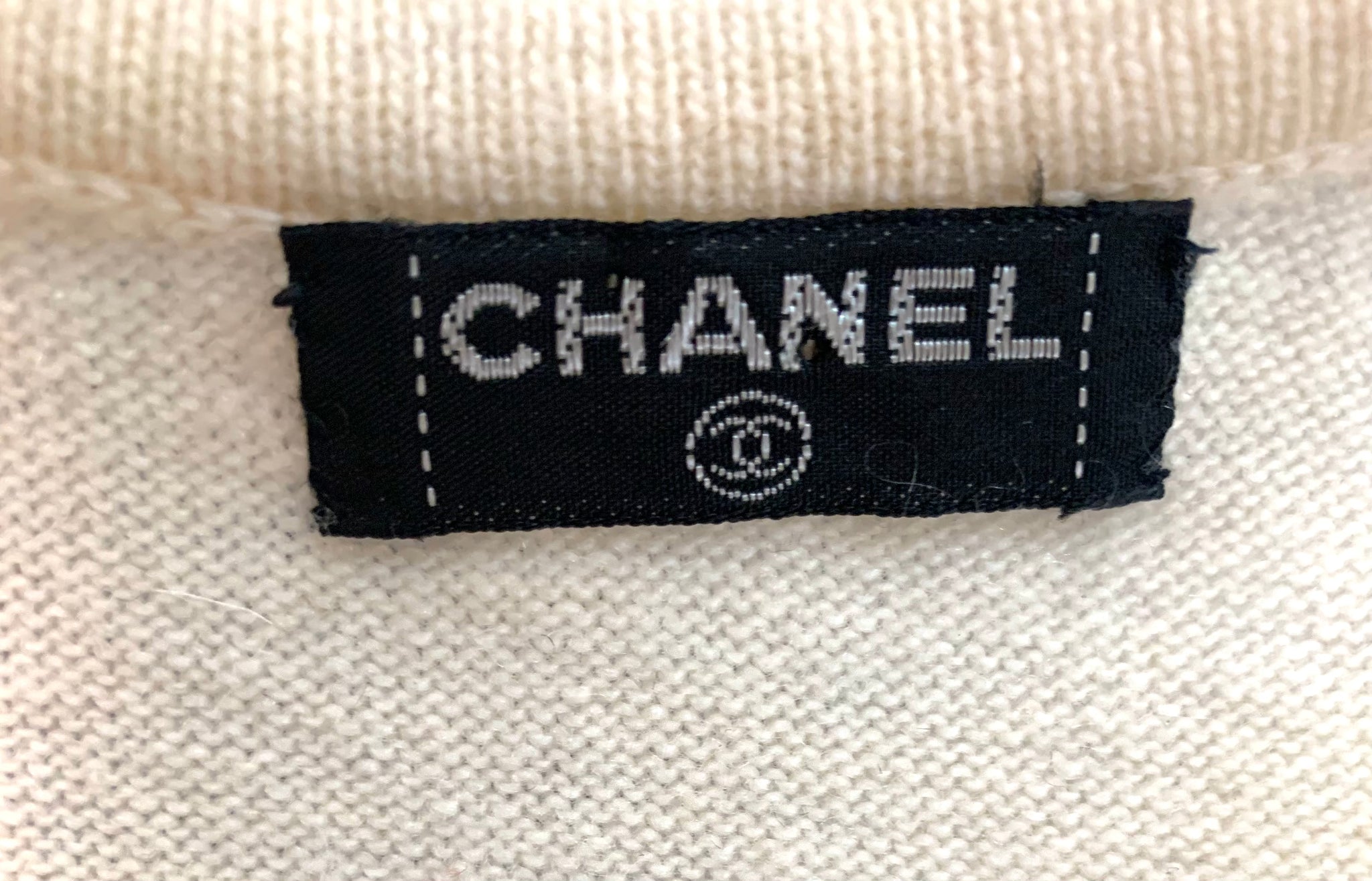 Chanel Y2K Two Tone Ivory Tank Style Sweater with Black Satin Waist Tie, label