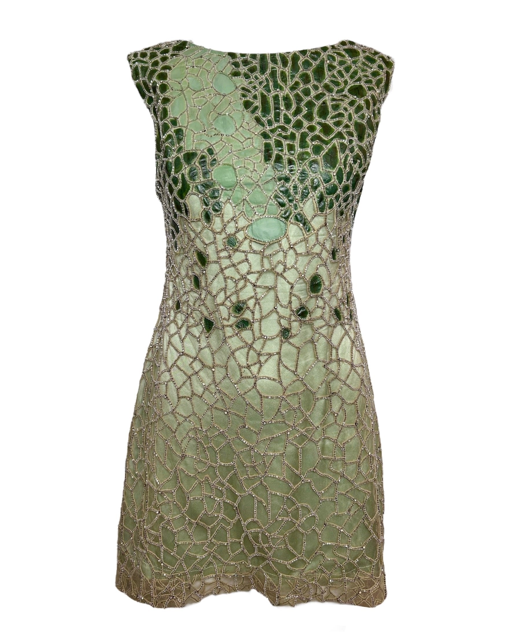 Lorena Sarbu Green Leather and Silk Beaded Mini Dress Lorena Sarbu Green Leather and Silk Beaded Mini Dress