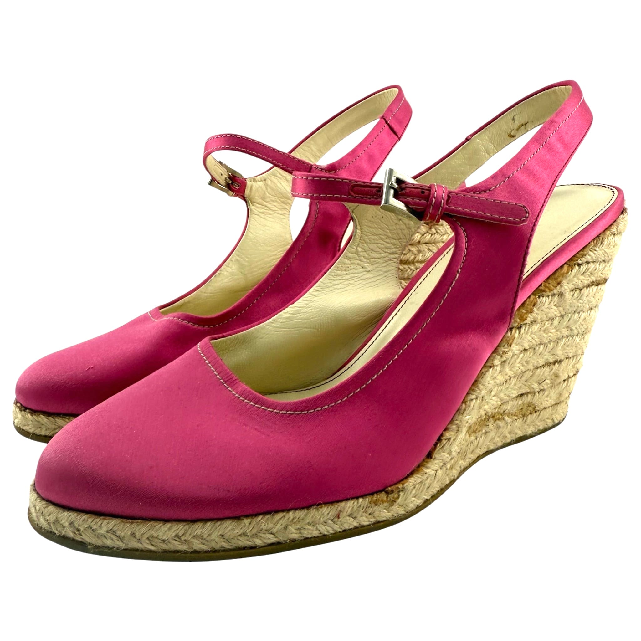PRADA 2000's Peony Pink Satin Mary Jane Platform Sling Back Espadrilles, 40 New/Old, side