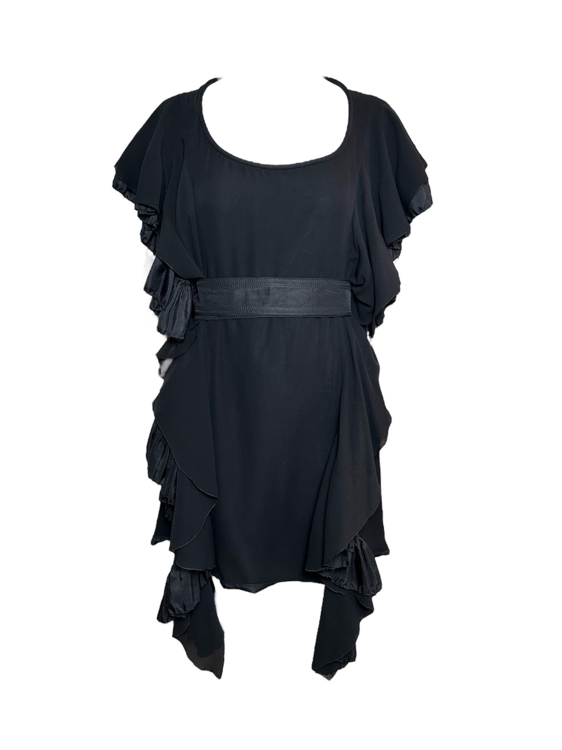 Robert Normand Early 2000s Avant-Garde Ruffle Black Belted Dress Robert Normand Early 2000s Avant-Garde Ruffle Black Belted Dress