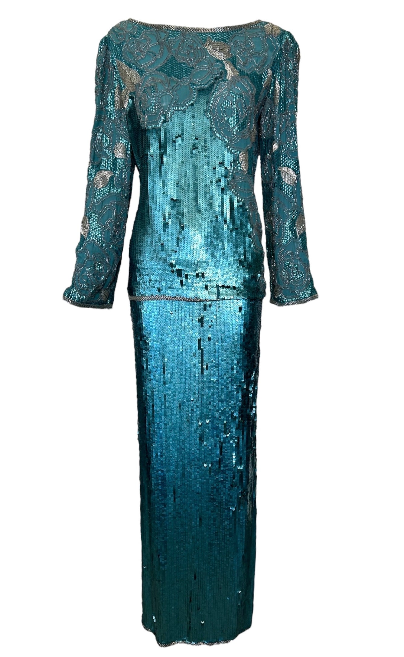 Halston Early 1980's Aqua Blue Sequin and Beaded Evening Gown Ensemble THE WAY WE WORE Halston Early 1980's Aqua Blue Sequin and Beaded Evening Gown Ensemble THE WAY WE WORE