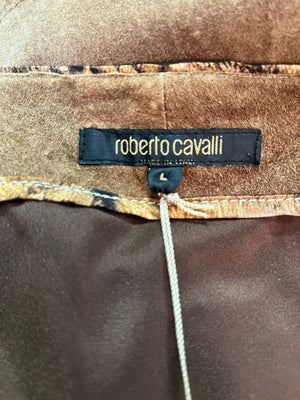  Roberto Cavalli Y2K Brown Suede Patchwork Skirt with Hand Painting.Label 5 of 5