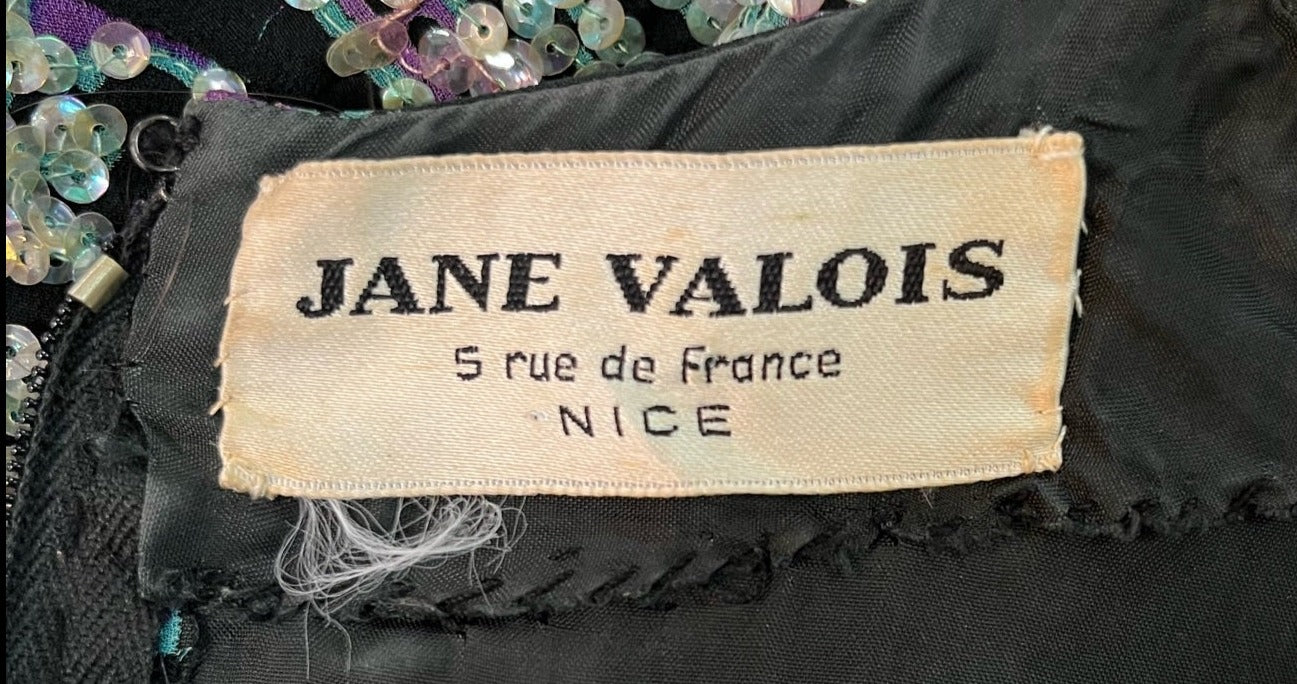 Jane Valois 70s Black Silk Sheath with Iridescent Deco Sequin Pattern, label