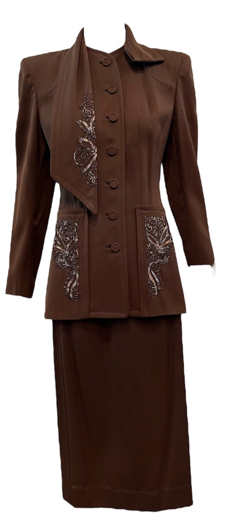 40s Chocolate Brown Wool Gabardine Beaded Suit FRONT 1 of 6