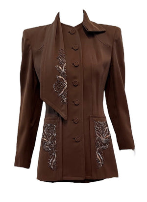 40s Chocolate Brown Wool Gabardine Beaded Suit JACKET 4 of  6