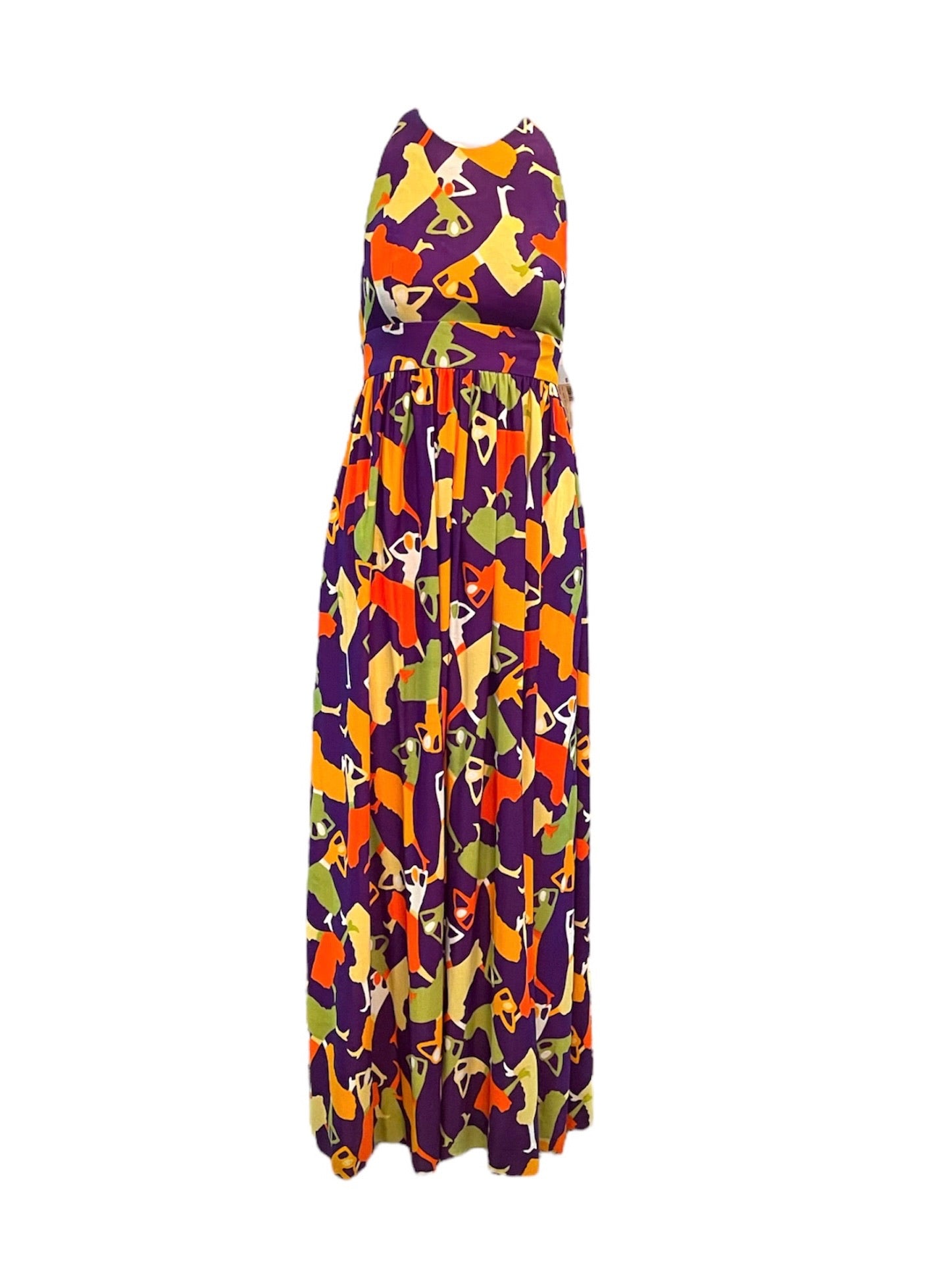 Leslie 1970's Purple Novelty Print Halter Maxi Dress