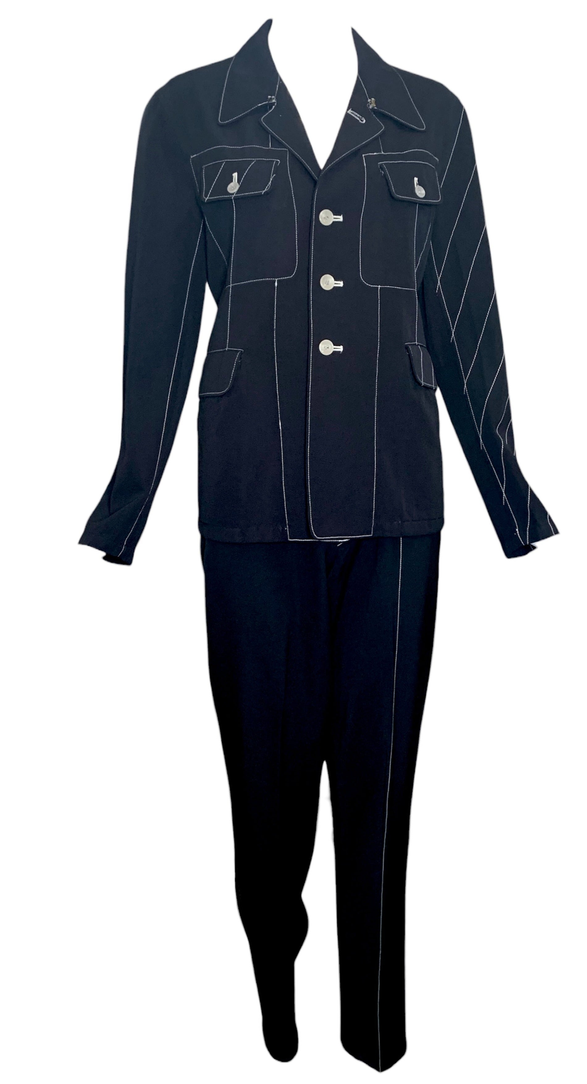 Yohji Yamamoto 90s Black Pant Suit Ensemble with White Contrast Stitching Yohji Yamamoto 90s Black Pant Suit Ensemble with White Contrast Stitching