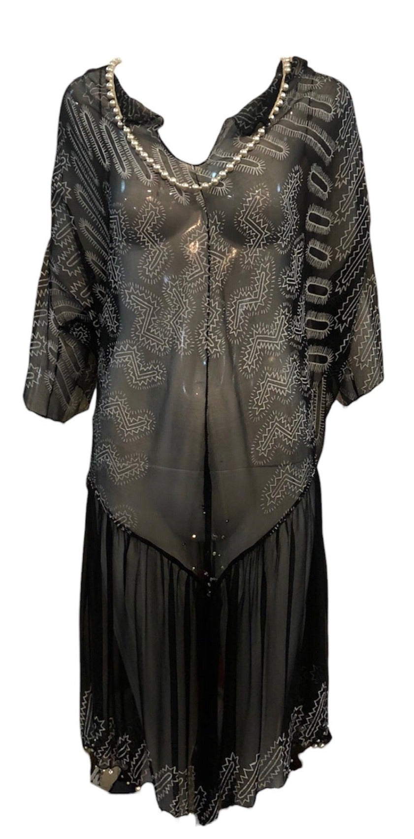 Zandra Rhodes 80s Black Chiffon Dress Trimmed with Pearls and Rhinestones Zandra Rhodes 80s Black Chiffon Dress Trimmed with Pearls and Rhinestones