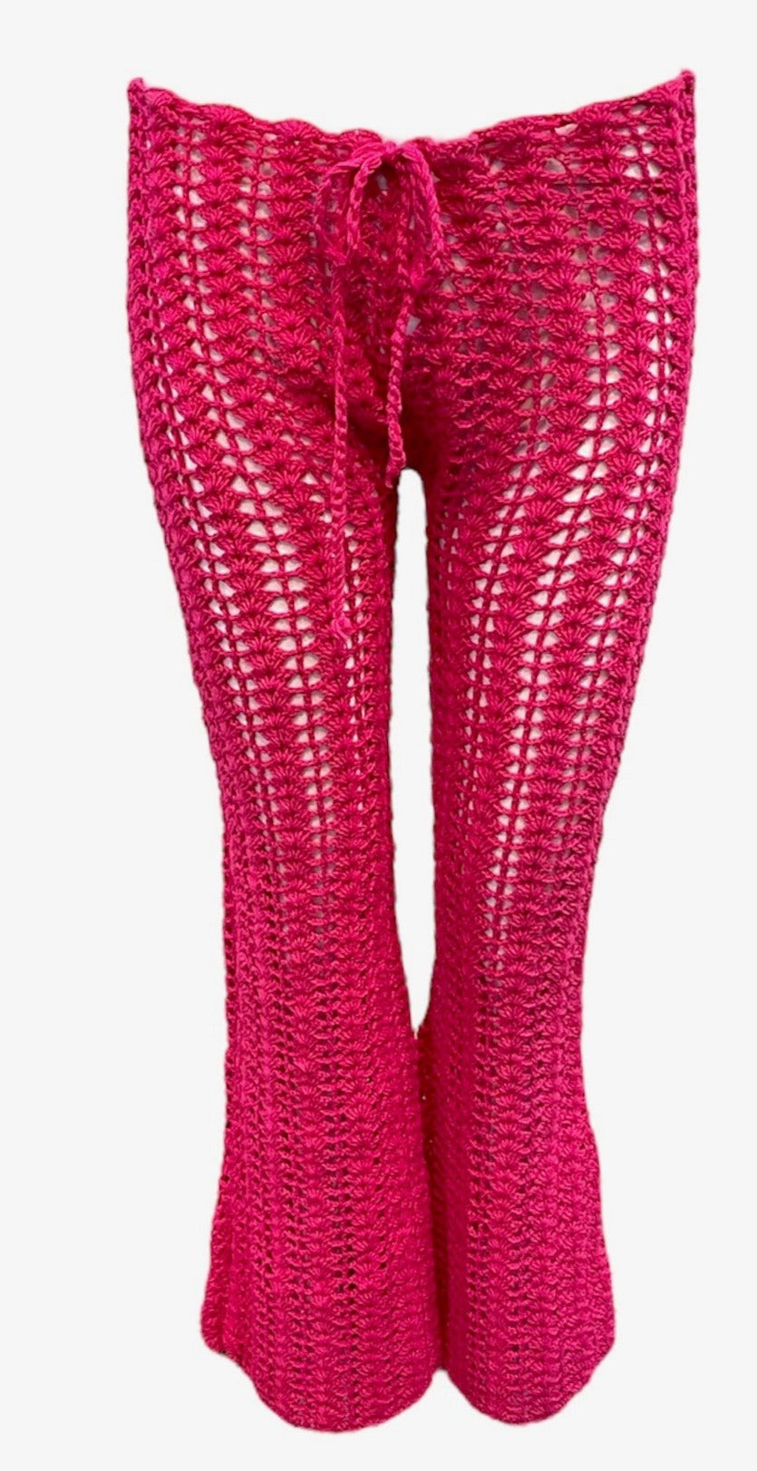 60s Hot Pink Hand Crochet Pant Suit PANT FRONT 4 of 5