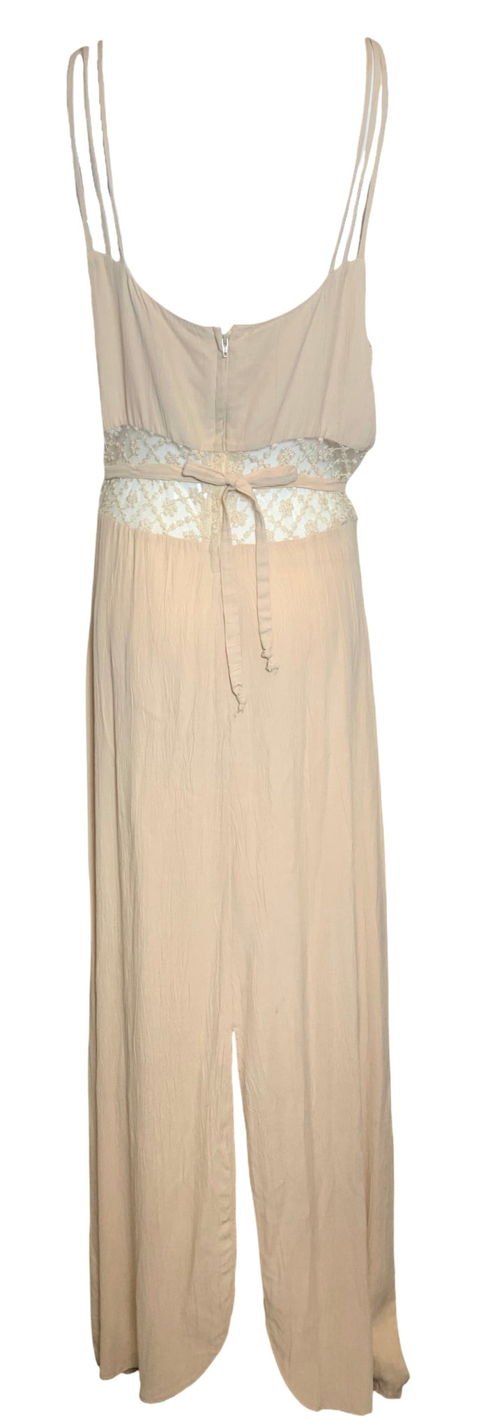 Nude Crinkled Crepe Full Length Slip Dress w Lace Cut Out Detail, back