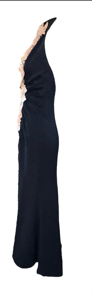  Carolina Herrera 2000s  Navy Blue Silk Halter Gown With Pink Floral Applique SIDE 2 of 5
