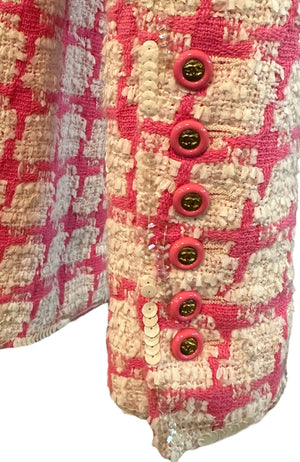 Chanel 90s Bubblegum Pink and White Gingham Jacket with Iridescent Sequins CUFF DETAIL 5 of 8