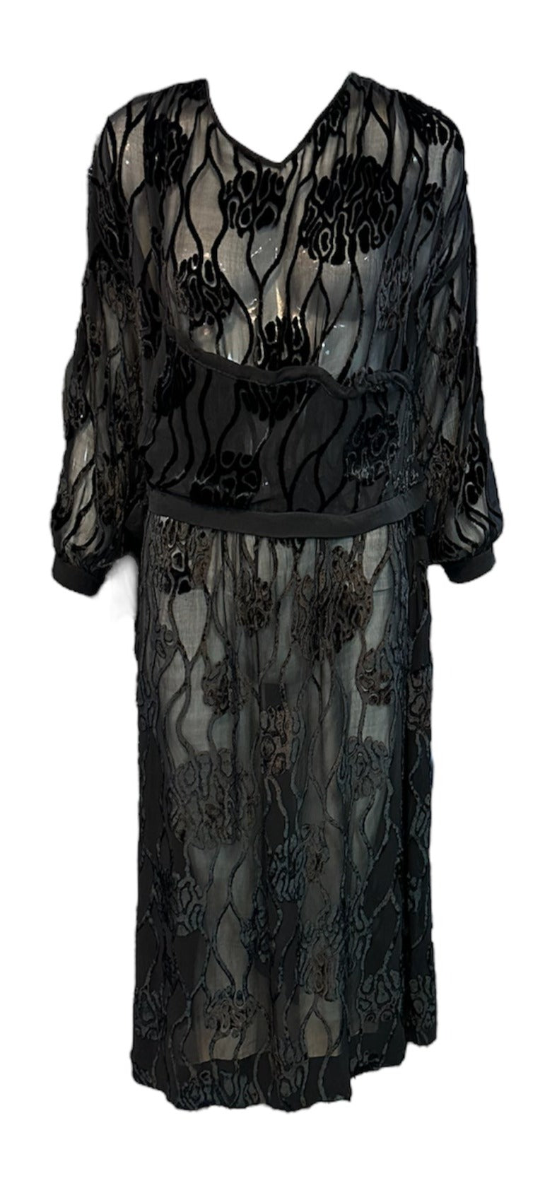 1920s Black Cut Velvet Drop Waist Flapper Dress with Sleeve Cut-Outs 1920s Black Cut Velvet Drop Waist Flapper Dress with Sleeve Cut-Outs