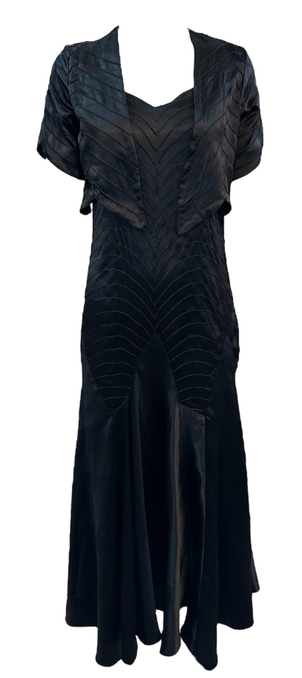 30s Black Satin Bias Cut Tea Length Gown with Matching Bolero Jacket 30s Black Satin Bias Cut Tea Length Gown with Matching Bolero Jacket