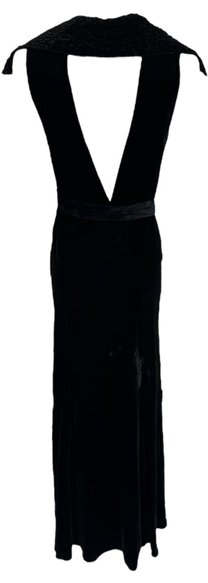 30s Black Silk Velvet Bias Cut Gown with Exaggerated Collar with Trapunto Stitching and  Diamante Belt Buckle BACK 3 of 6
