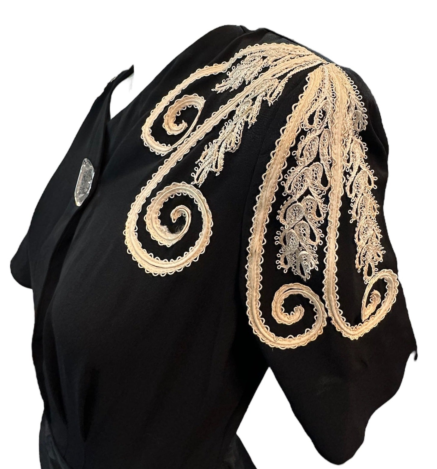 1940s Black Crepe Hollywood Noir Dress with Soutache Detail and Reversed Carved Lucite Button DETAIL 4 of 5
