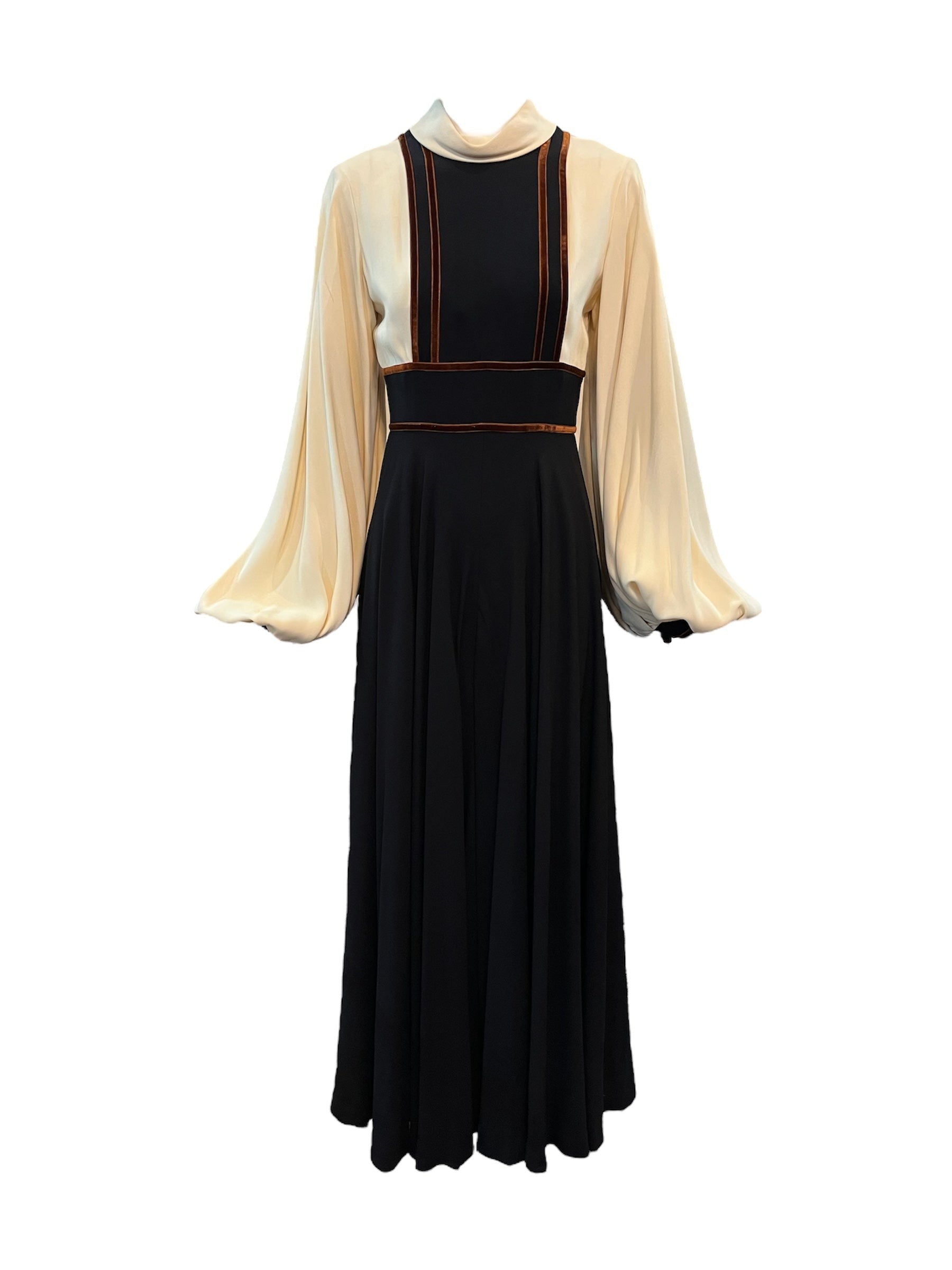 Van Dusen/Green 1970's Ivory and Black Crepe Bishop Sleeve Jumpsuit with Brown Velvet Trim