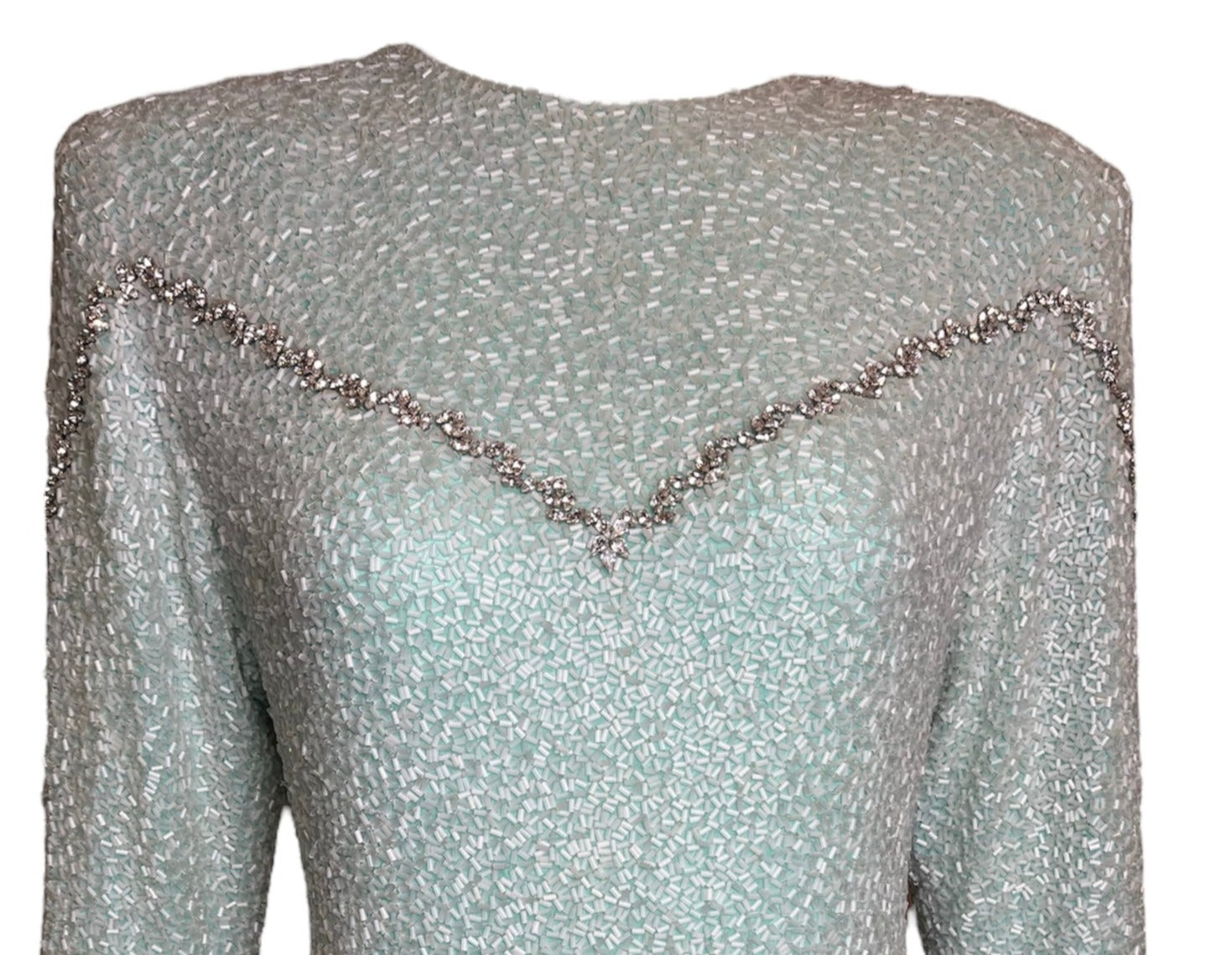Galanos 80s Heavily Embellished Seafoam Green Gown, bodice