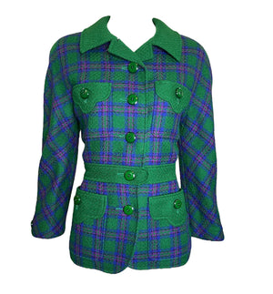  Valentino Boutique 80s Green, Purple and Fuschia Plaid  Skirt Suit Ensemble Jacket 4 of 7