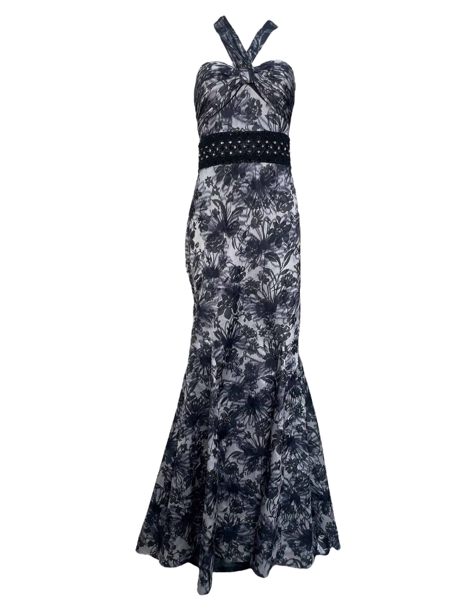 Lorena Sarbu 2000s Black & White Warped Floral Silk Gown Lorena Sarbu 2000s Black & White Warped Floral Silk Gown