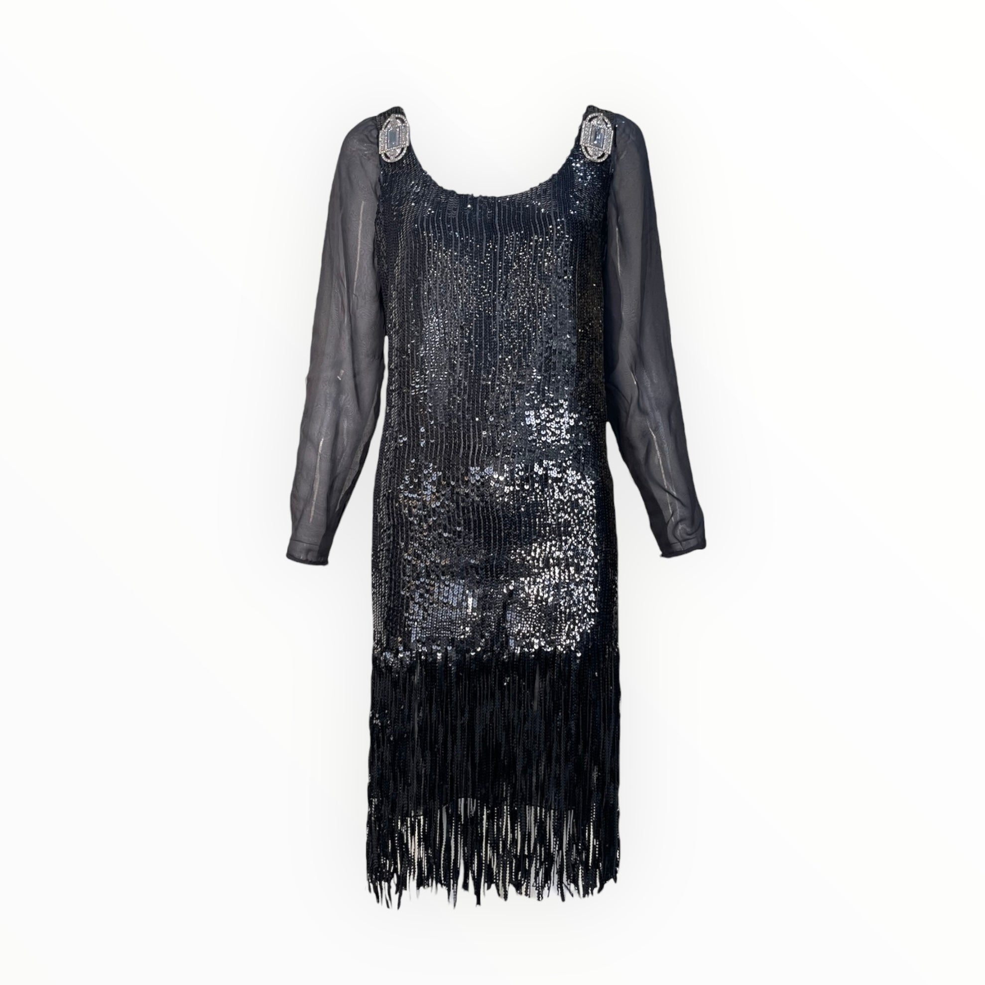 Gianfranco Ferr 1980's Black Sequin Fringe Long Sleeve Midi Dress Gianfranco Ferr 1980's Black Sequin Fringe Long Sleeve Midi Dress