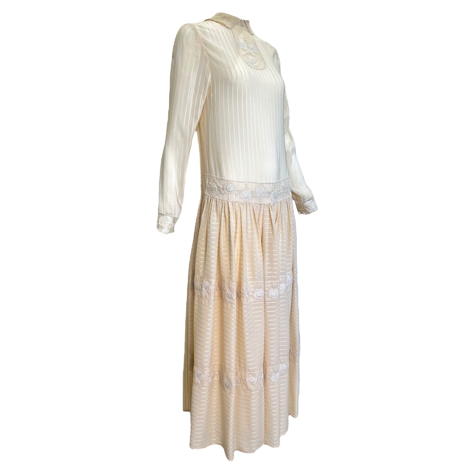 Chloé by Karl Lagerfeld 1970's Ecru Silk 1920's Inspired Drop Waist Dress, side