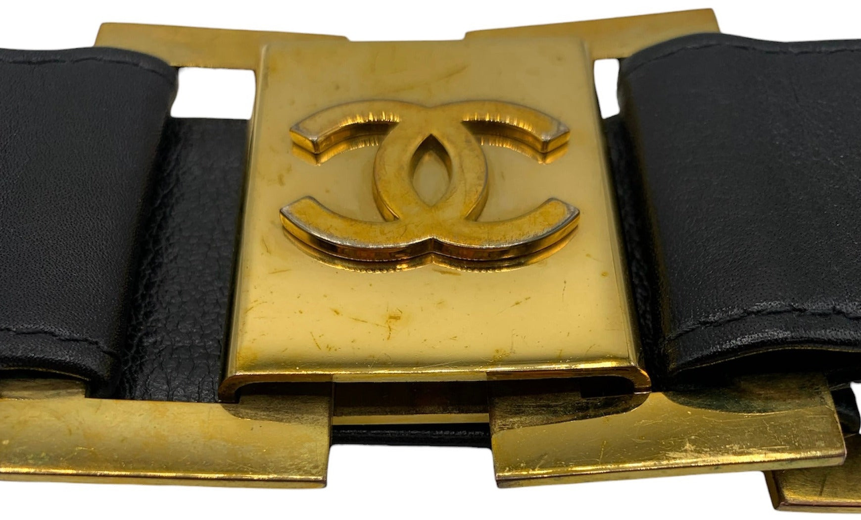 Chanel 1980'S BLACK LEATHER AND GOLD BUCKLE CC LINK BELT LINK DETAIL USSUES 4 of 8