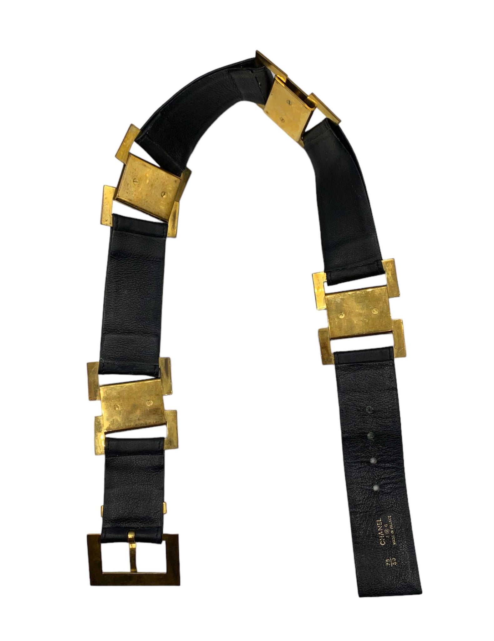 Chanel 1980'S BLACK LEATHER AND GOLD BUCKLE CC LINK BELT REVERSE 3 of 8
