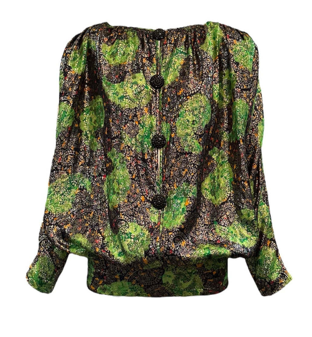 Galanos 80s Acid Green Lame Statement Blouse FRONT 1 of 6