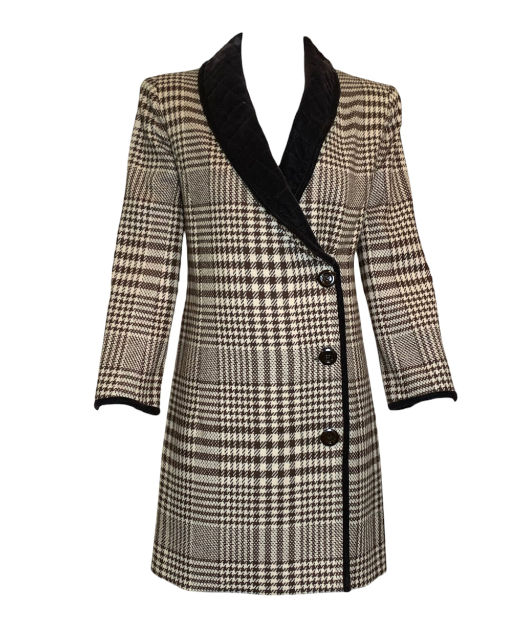   Valentino Brown and Ivory Houndstooth Wool Dress Coat with Velvet Trim FRONT 1 of 6
