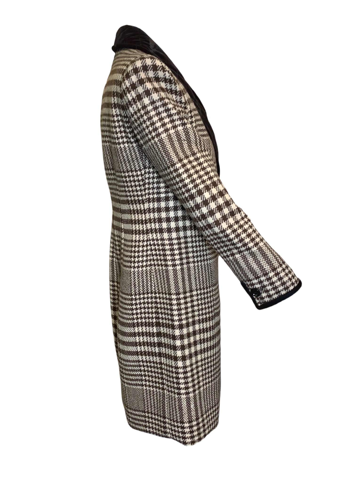   Valentino Brown and Ivory Houndstooth Wool Dress Coat with Velvet Trim SIDE 2 of 6