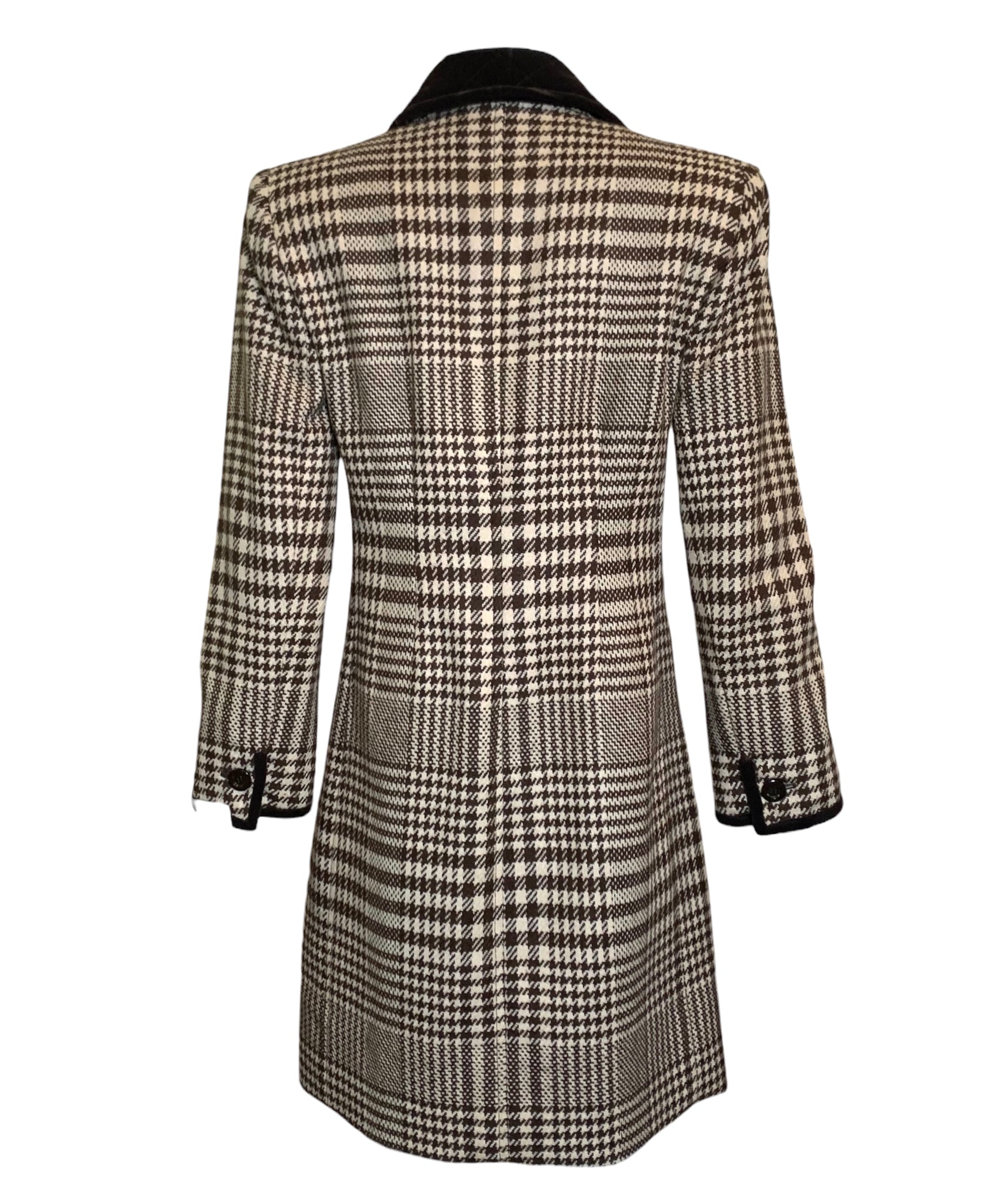   Valentino Brown and Ivory Houndstooth Wool Dress Coat with Velvet Trim BACK 3 of 6