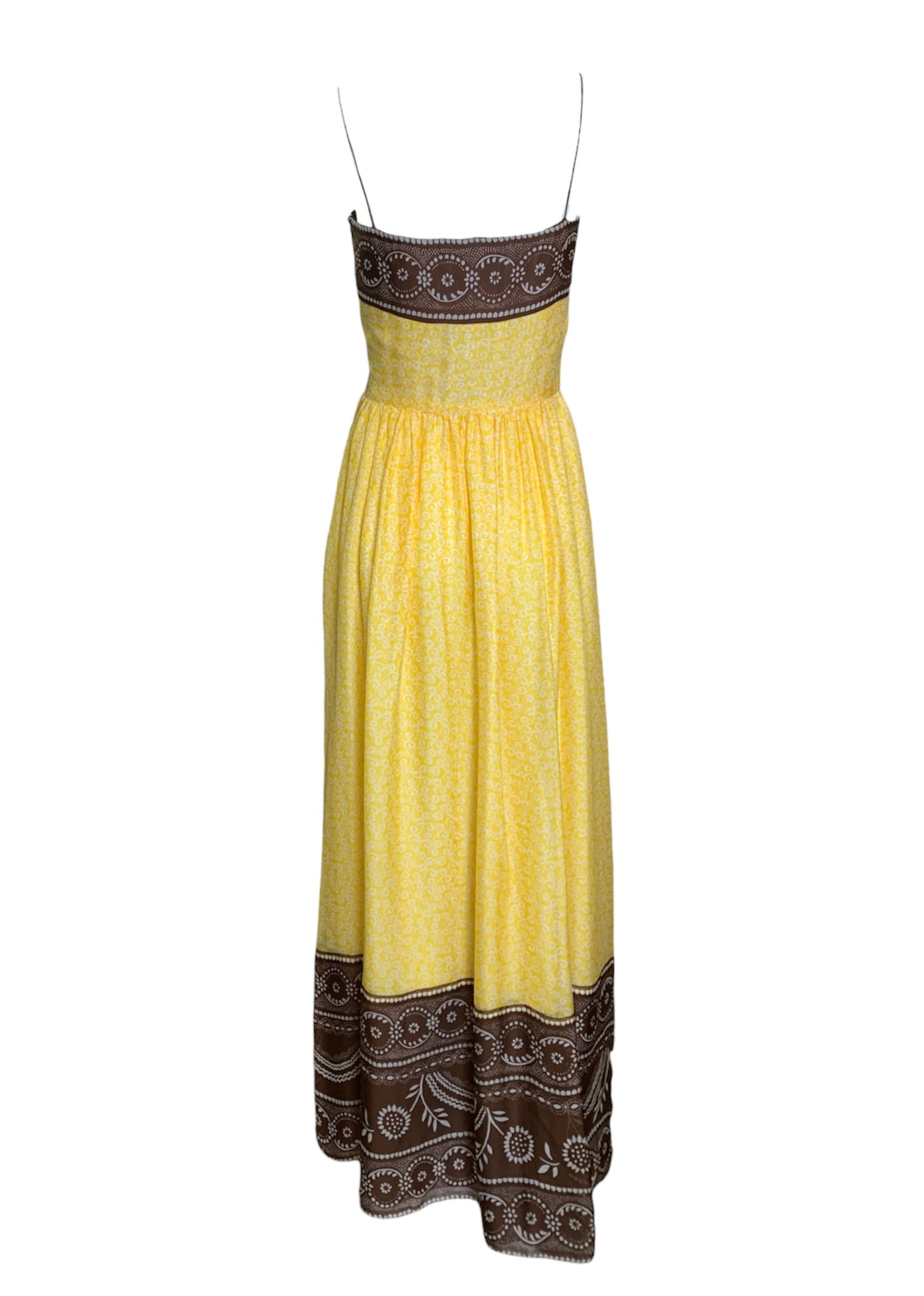  Oscar de la Renta 70s Yellow and White Print Silk Gown with Cocoa Trim BACK 3 of 5