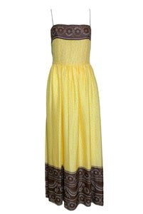  Oscar de la Renta 70s Yellow and White Print Silk Gown with Cocoa Trim FRONT 1 of 5