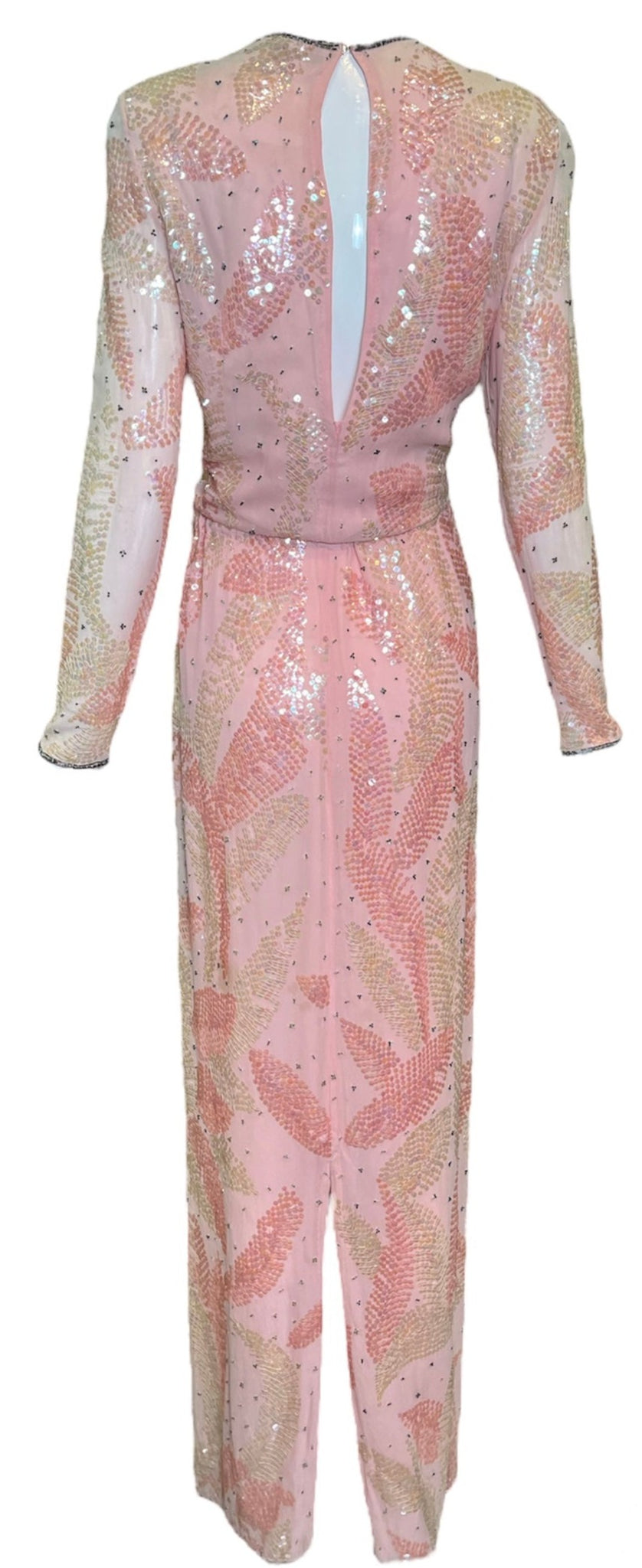 Halston 70s Pink Chiffon Feather Motif Sequin Gown BACK 3 of 6
