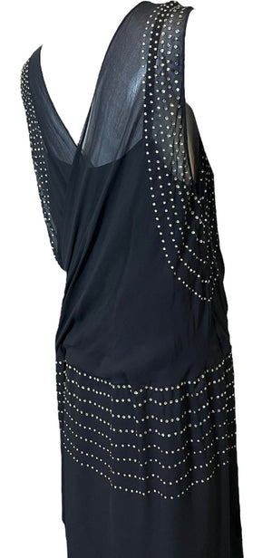 1920s Black Chiffon Flapper Dress Studded with Rhinestones DETAIL 4 of 6