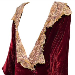 20s Lord & Taylor Ruby Red Silk Velvet Opera Coat with Embroidered Collar  COLLAR 4 of 6