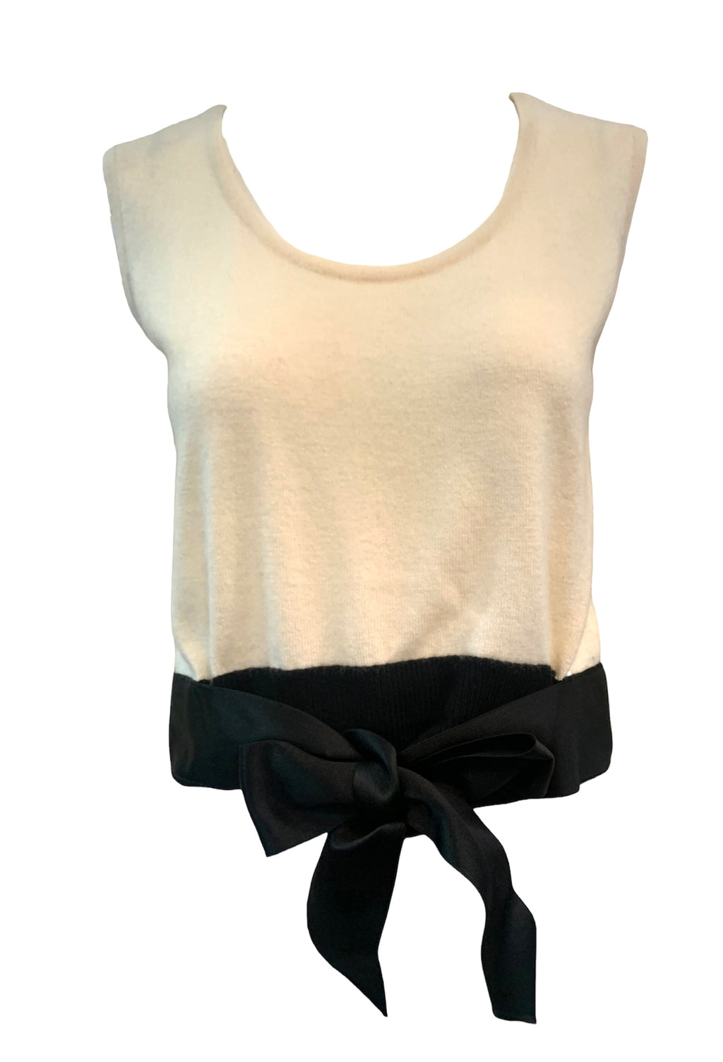 Chanel Y2K Two Tone Ivory Tank Style Sweater with Black Satin Waist Tie