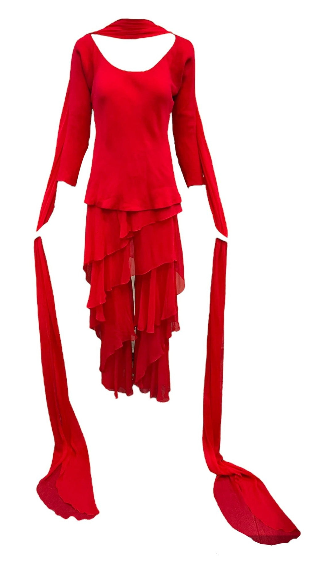 Halston 1970s Lipstick Red Chiffon Ruffled Ensemble with Pants FRONT 1 of 6