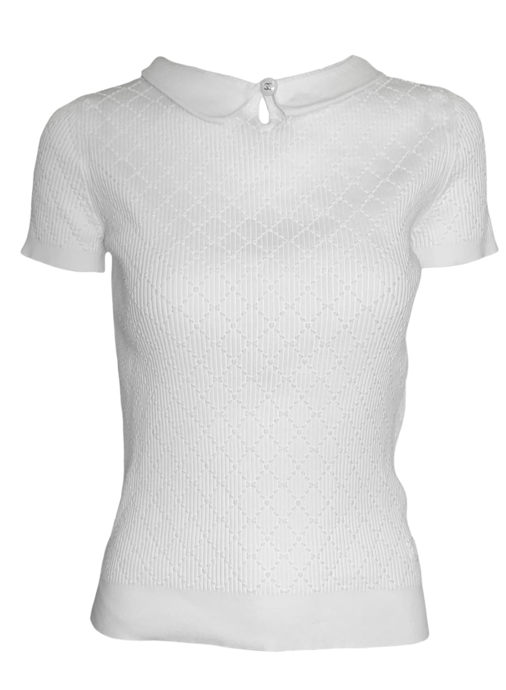 Chanel 2000s White Ribbed Cotton Pullover Top with Short Sleeves FRONT 1 of 7