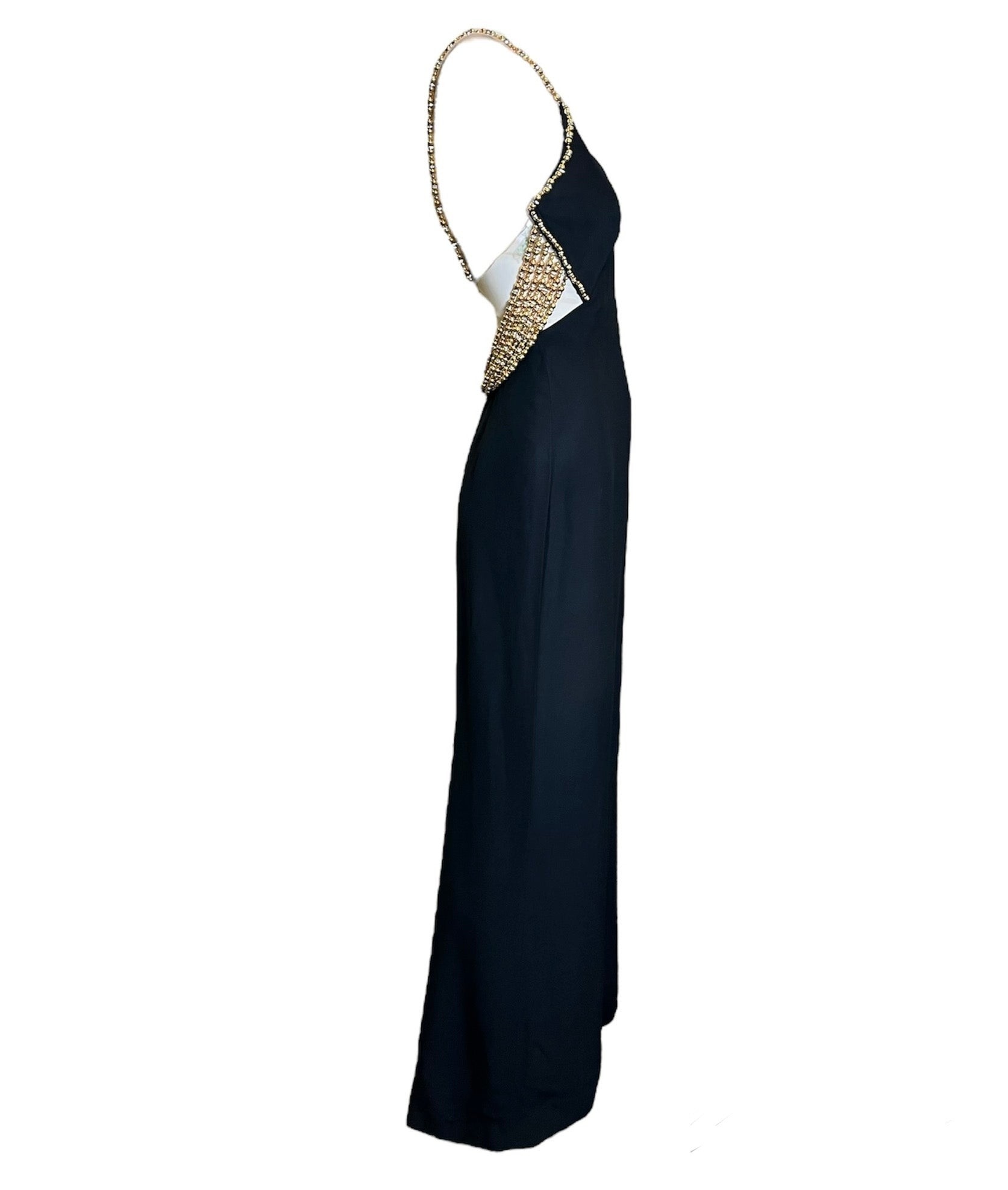 Jean-Louis Scherrer Couture Y2K Black Gown with Gold Beaded Straps