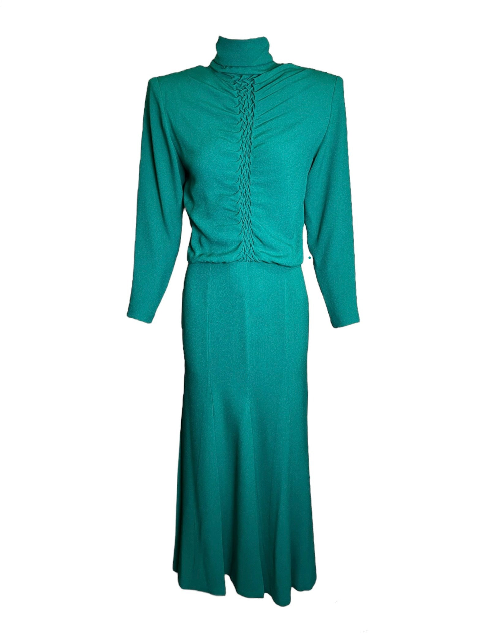 Galanos 1980's Emerald Green Mock Neck Gown with Woven Front Detail Galanos 1980's Emerald Green Mock Neck Gown with Woven Front Detail