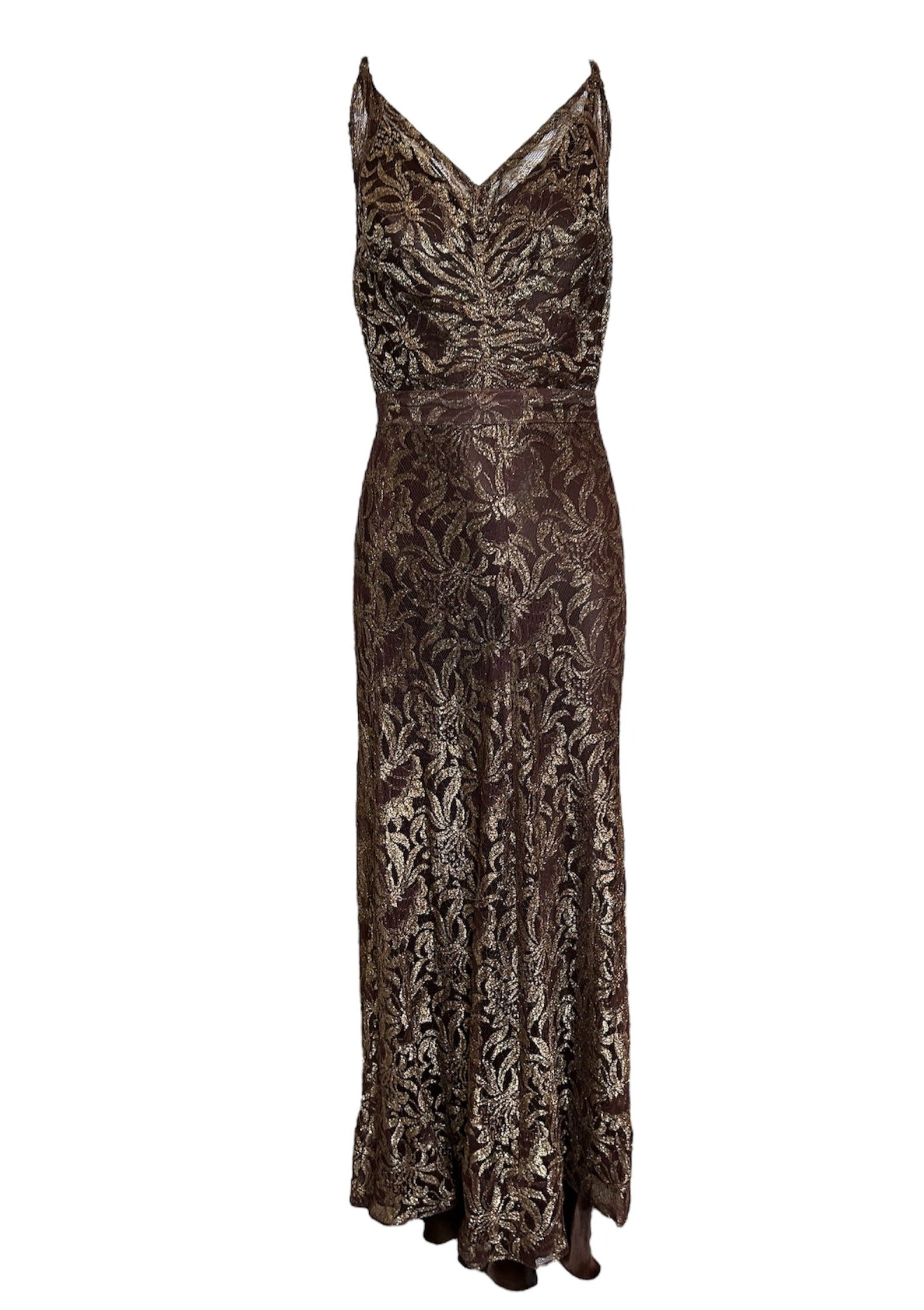 1930's Brown Lace & Gold Lam Belted Gown with Slip 1930's Brown Lace & Gold Lam Belted Gown with Slip