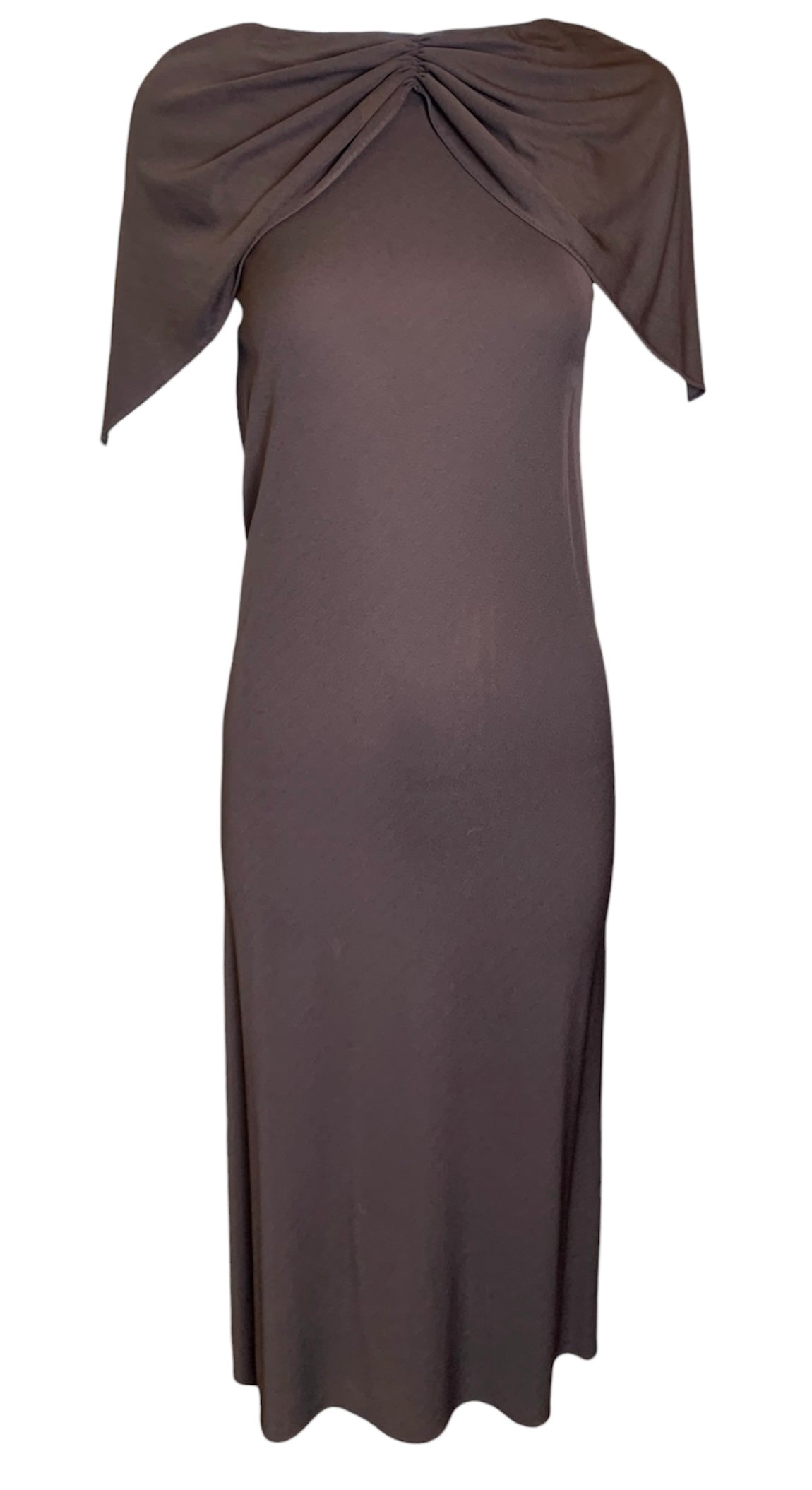 Halston 1970's Brown Matte Jersey Flutter Capelet Dress with Rhineston Pendant Detail Halston 1970's Brown Matte Jersey Flutter Capelet Dress with Rhineston Pendant Detail