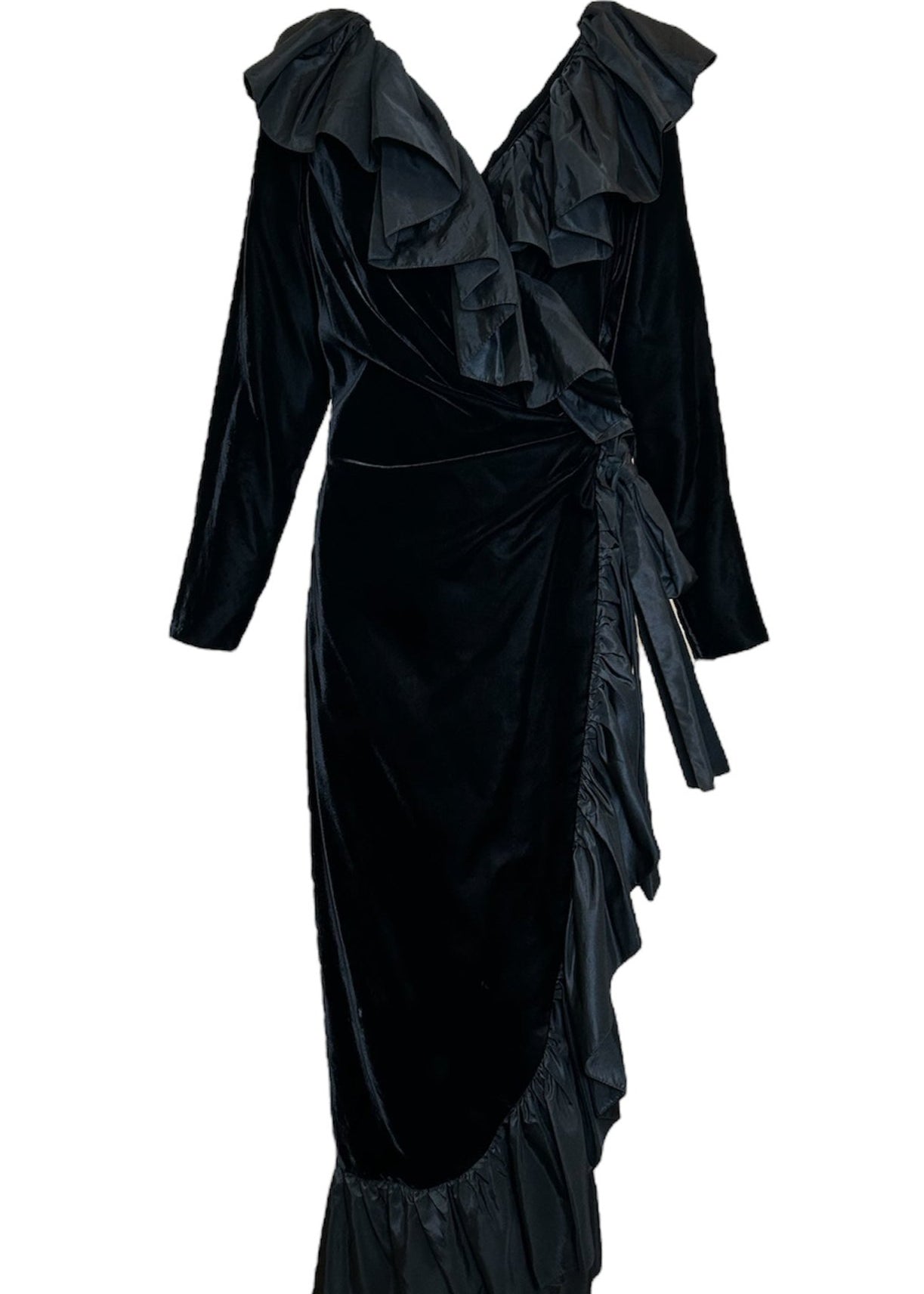 Saint Laurent 70s Black Velvet Waistcoat Dress with Ruffle Collar FRONT PHOTO 1 OF 5