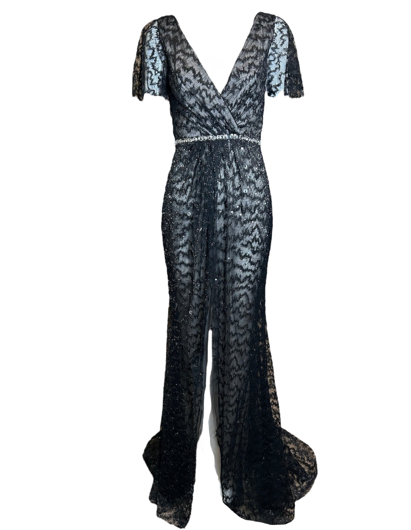 Lorena Sarbu Black Metallic Lace Flutter Sleeve Gown Lorena Sarbu Black Metallic Lace Flutter Sleeve Gown