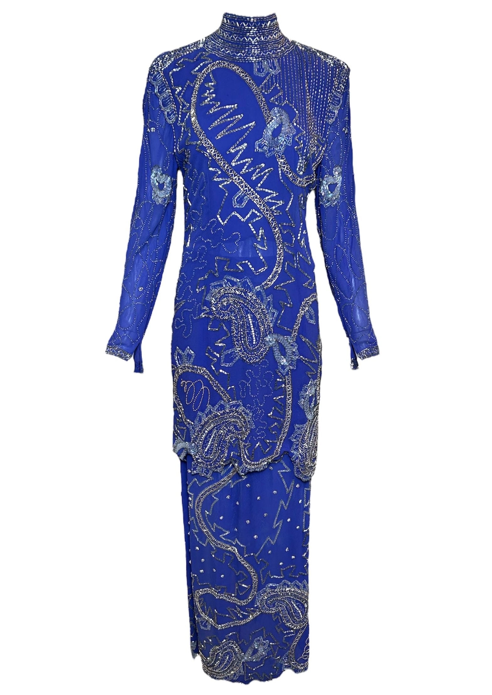 Fabrice 1984 Cobalt Blue Paisley Beaded Evening Gown Ensemble Fabrice 1984 Cobalt Blue Paisley Beaded Evening Gown Ensemble